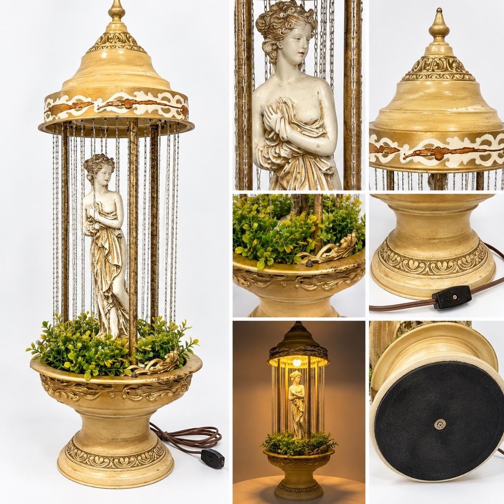 Vintage Oil Rain Lamp Goddess Venus Greek Statue Mid Century Modern Gold Decor